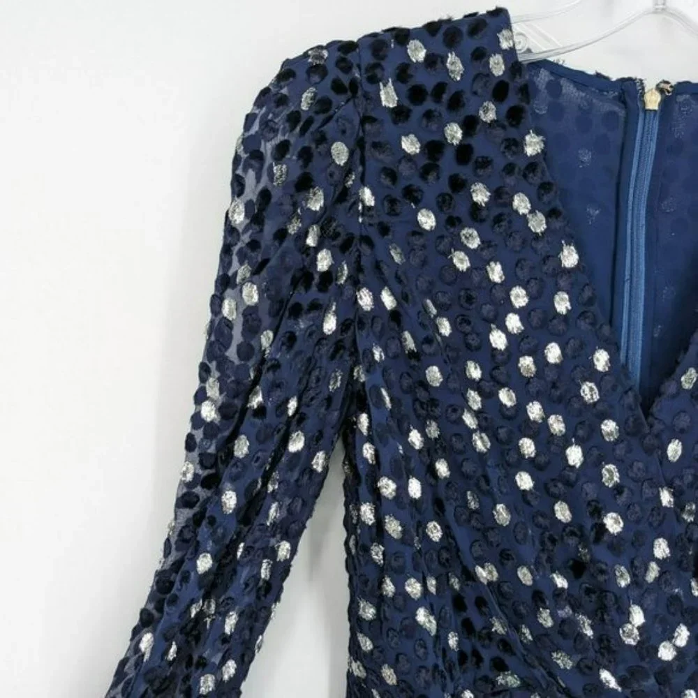 Kate Spade Scatter Dot Dress 6 Navy Silver Faux Wrap Ruffle Velvet Long Sleeve